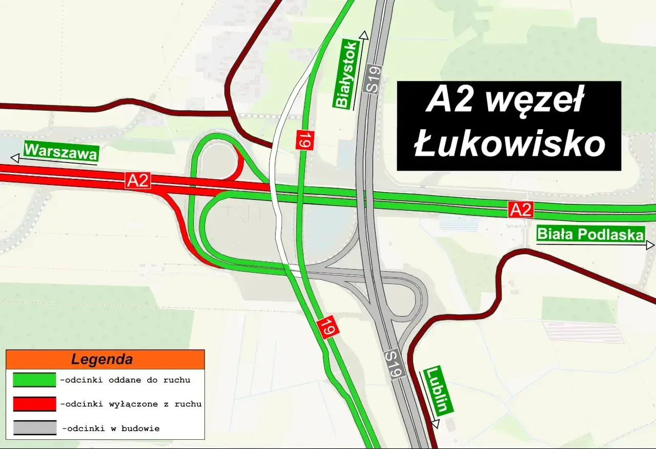 Mapa węzła A2 Łukowisko, pokazująca połączenia z S19, Białystokiem, Warszawą i Białą Podlaską. Odcinki A2 i S19 oddane do ruchu (zielone) i wyłączone (czerwone).