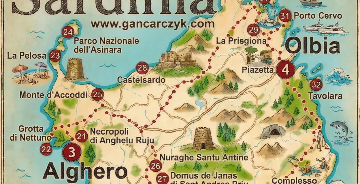 Mapa Sardynii z zaznaczonymi atrakcjami: Alghero, Olbia, Porto Cervo, plaże, nuragi. Co zobaczyć na Sardynii?