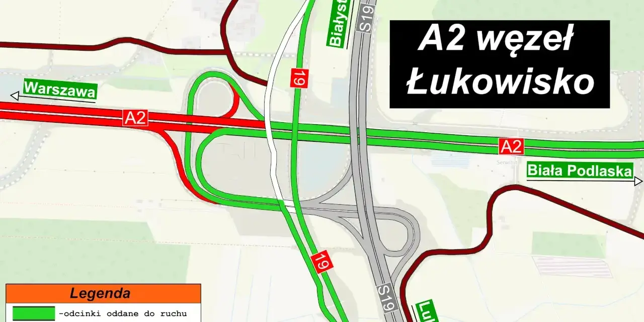 Mapa węzła A2 Łukowisko, pokazująca połączenia z S19, Białystokiem, Warszawą i Białą Podlaską. Odcinki A2 i S19 oddane do ruchu (zielone) i wyłączone (czerwone).