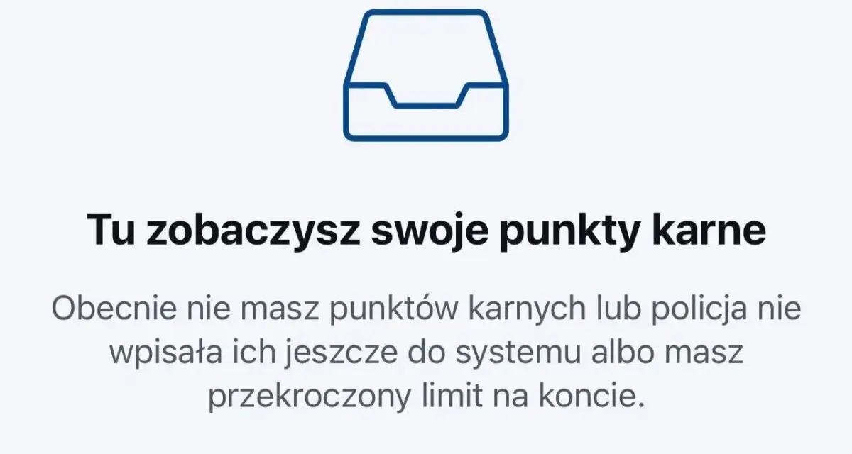 Ikona szuflady z tekstem: "Tu zobaczysz swoje punkty karne". Obecnie brak punktów lub przekroczenie prędkości o 50 km/h.