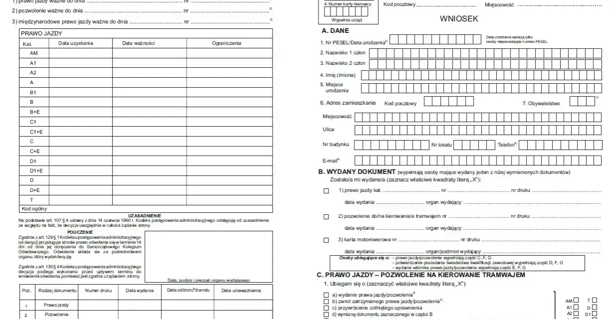 Fragment formularza wniosku o wydanie prawa jazdy z polami do wypełnienia, tabelą kategorii prawa jazdy i sekcją danych osobowych.