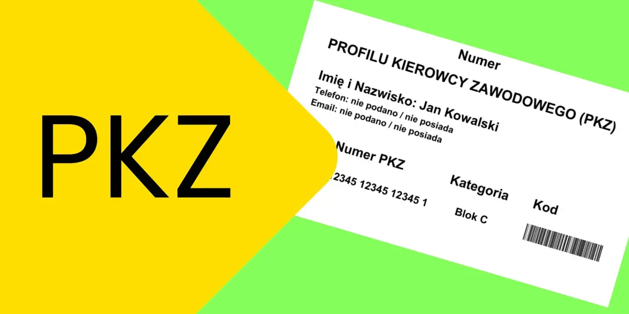 Duży napis PKZ obok dokumentu Profilu Kierowcy Zawodowego.