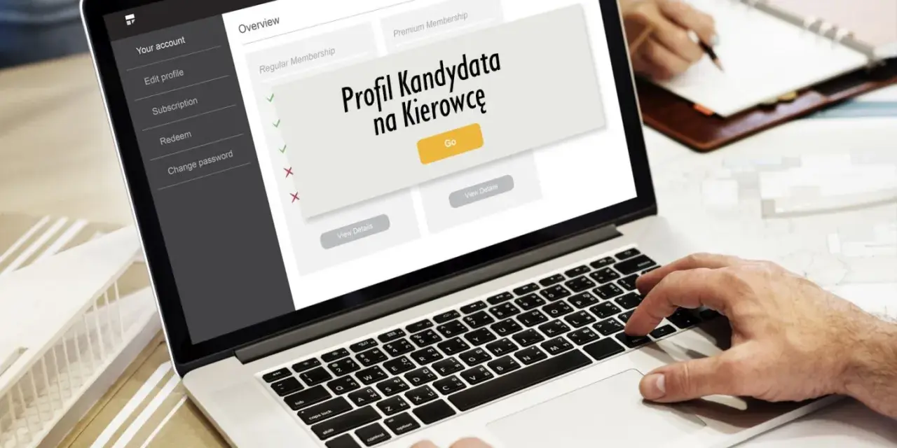 Profil Kandydata na Kierowcę na ekranie laptopa. Użytkownik wpisuje dane, być może numer PKK.