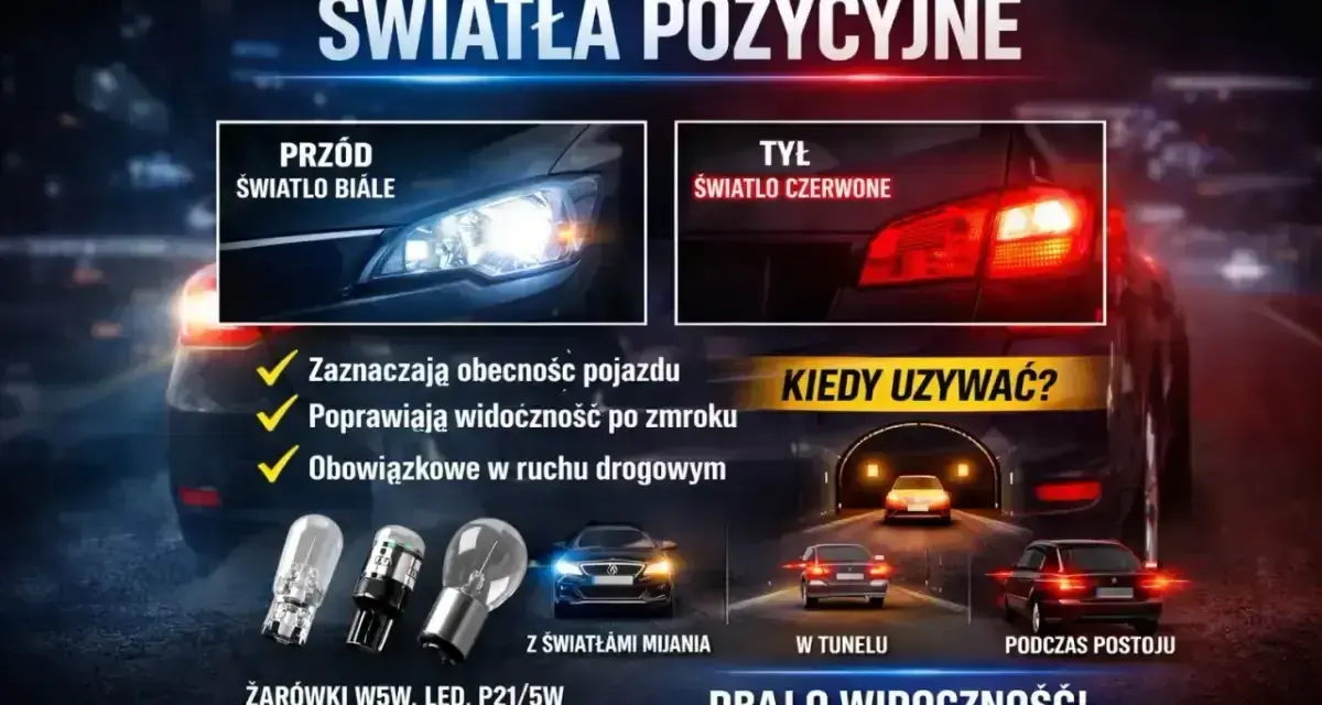 Światła pozycyjne: białe z przodu, czerwone z tyłu. Zapewniają widoczność i bezpieczeństwo na drodze, szczególnie w tunelu i podczas postoju.