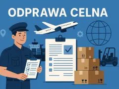 Uśmiechnięty agent celny z dokumentami, samolot, statek, globus, kartony i wózek widłowy symbolizują odprawę celną.