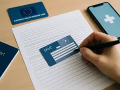 Dłoń z długopisem wypełnia formularz obok karty EKUZ, paszportu i telefonu z symbolem krzyża.