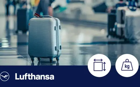 Srebrna walizka podręczna na lotnisku, logo Lufthansa, ikony wymiarów i wagi.