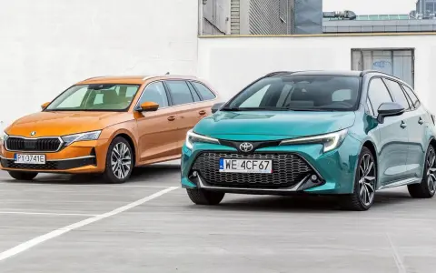 Dwa kombi: pomarańczowa Skoda i zielona Toyota, stojące na parkingu.