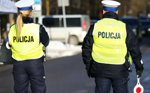 Dwóch policjantów w kamizelkach odblaskowych z napisem "POLICJA" stoi na drodze.