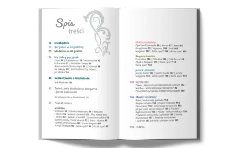 Spis treści artykułu o podróży z Bergamo do Mediolanu, z podziałem na sekcje i strony.