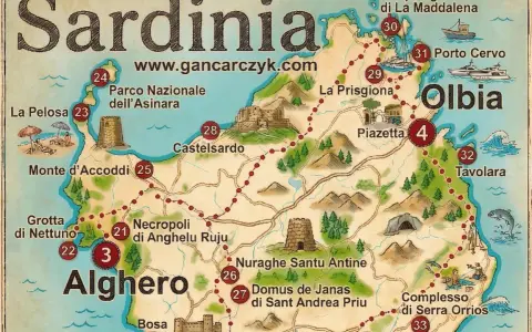 Mapa Sardynii z zaznaczonymi atrakcjami: Alghero, Olbia, Porto Cervo, plaże, nuragi. Co zobaczyć na Sardynii?