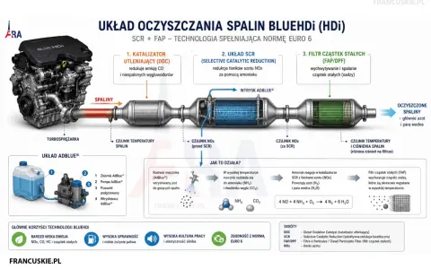Schemat układu oczyszczania spalin BlueHDI z silnikiem, katalizatorami i filtrem cząstek stałych.