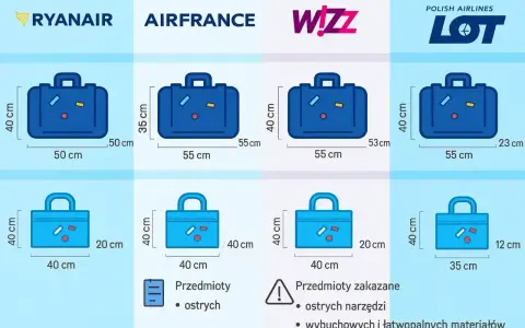 Ilustracja porównująca wymiary bagażu podręcznego linii lotniczych Ryanair, Air France, Wizz Air i LOT.
