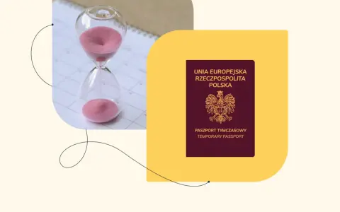 Klepsydra i polski paszport tymczasowy na tle kalendarza.