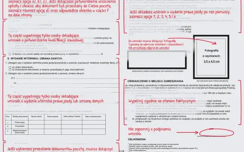 Formularz wniosku o wydanie prawa jazdy z miejscem na zdjęcie 3,5x4,5 cm.