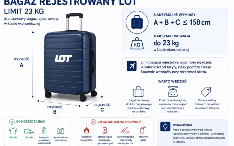 Bagaż rejestrowany LOT do 23 kg, wymiary A+B+C ≤ 158 cm. Sprawdź zasady przewozu i wymiary przed podróżą.