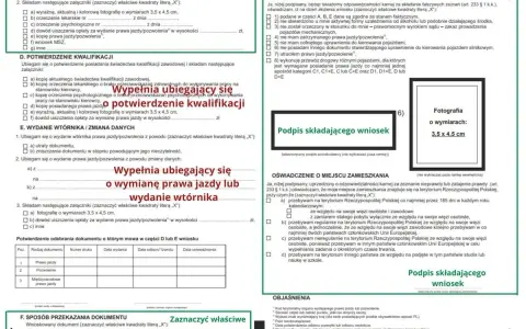 Formularz wniosku o wymianę prawa jazdy po ślubie, z miejscem na zdjęcie 3,5x4,5 cm.