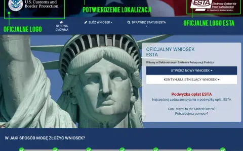 Fragment Statuy Wolności na tle strony internetowej ESTA z logo U.S. Customs and Border Protection.