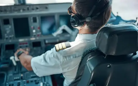 Pilot w słuchawkach i okularach siedzi w kokpicie samolotu, trzymając ręce na sterach.