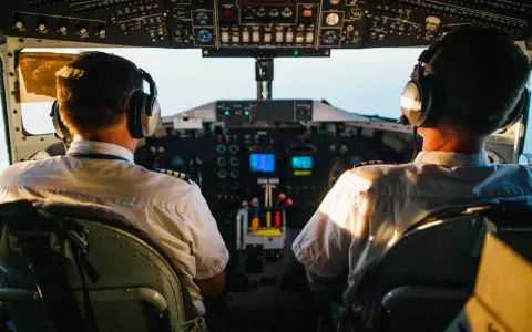 Dwóch pilotów samolotu w słuchawkach na tle kokpitu.
