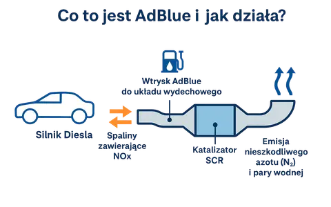 Schemat wyjaśnia, co to jest AdBlue i jak działa: wtrysk AdBlue do układu wydechowego silnika Diesla redukuje szkodliwe spaliny NOx.