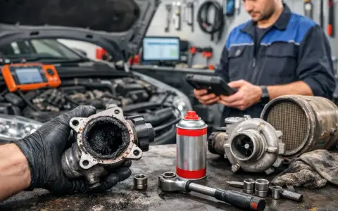 Mechanik trzyma mocno zabrudzony zawór EGR. Obok leżą turbosprężarka i narzędzia.