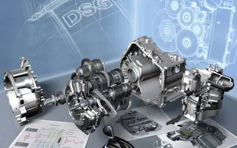 Rozłożona skrzynia biegów DSG, symbolizująca innowacyjny powershift. Schematy techniczne i detale mechaniczne.