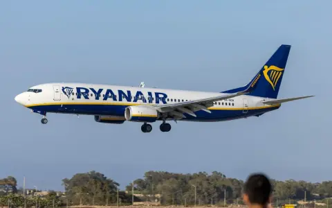 Samolot Ryanair lądujący na tle nieba i drzew, z widoczną sylwetką osoby w pierwszym planie.