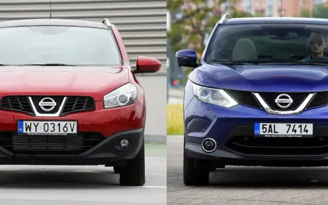 Dwa samochody Nissan Qashqai J11: czerwony z przodu i niebieski z kierowcą w okularach.