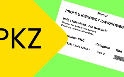 Duży napis PKZ obok dokumentu Profilu Kierowcy Zawodowego.