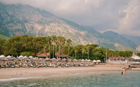 Plaża w Turcji z leżakami, palmami i górami w tle.
