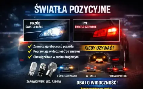 Światła pozycyjne: białe z przodu, czerwone z tyłu. Zapewniają widoczność i bezpieczeństwo na drodze, szczególnie w tunelu i podczas postoju.