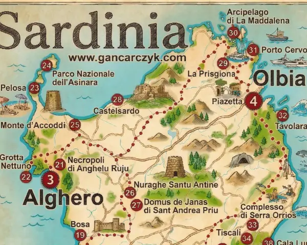 Mapa Sardynii z zaznaczonymi atrakcjami: Alghero, Olbia, Porto Cervo, plaże, nuragi. Co zobaczyć na Sardynii?