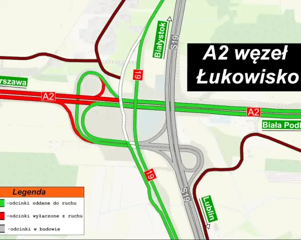 Mapa węzła A2 Łukowisko, pokazująca połączenia z S19, Białystokiem, Warszawą i Białą Podlaską. Odcinki A2 i S19 oddane do ruchu (zielone) i wyłączone (czerwone).