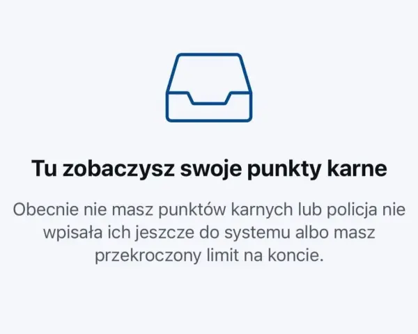 Ikona szuflady z tekstem: "Tu zobaczysz swoje punkty karne". Obecnie brak punktów lub przekroczenie prędkości o 50 km/h.