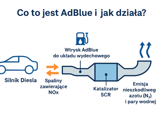 Schemat wyjaśnia, co to jest AdBlue i jak działa: wtrysk AdBlue do układu wydechowego silnika Diesla redukuje szkodliwe spaliny NOx.