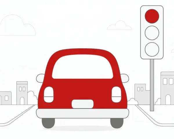 Czerwony samochód ignoruje czerwone światło na sygnalizacji świetlnej, jadąc przez miasto.