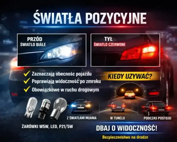 Światła pozycyjne: białe z przodu, czerwone z tyłu. Zapewniają widoczność i bezpieczeństwo na drodze, szczególnie w tunelu i podczas postoju.