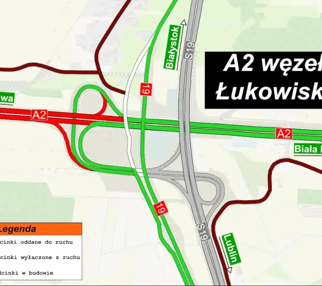 Mapa węzła A2 Łukowisko, pokazująca połączenia z S19, Białystokiem, Warszawą i Białą Podlaską. Odcinki A2 i S19 oddane do ruchu (zielone) i wyłączone (czerwone).