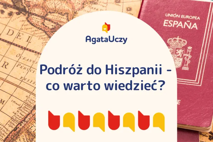 Hiszpański paszport i stara mapa świata na tle grafiki z tekstem "Podróż do Hiszpanii".