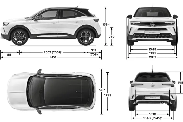 Opel Mokka wymiary: długość 4151 mm, szerokość 1791 mm, wysokość 1534 mm. Kompaktowy SUV z wyraźnymi proporcjami.