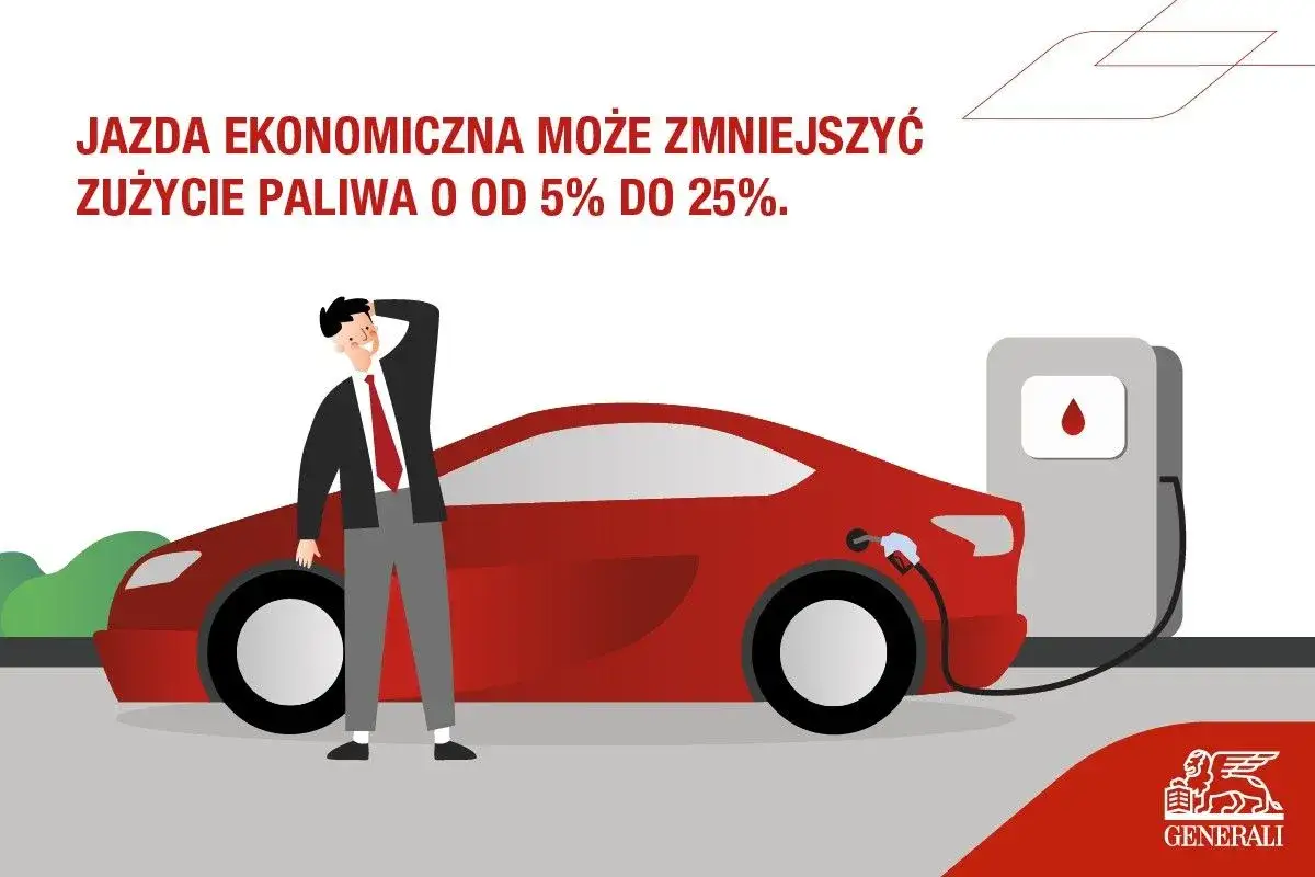 Mężczyzna przy czerwonym samochodzie tankuje paliwo. Jazda ekonomiczna zmniejsza spalanie paliwa.