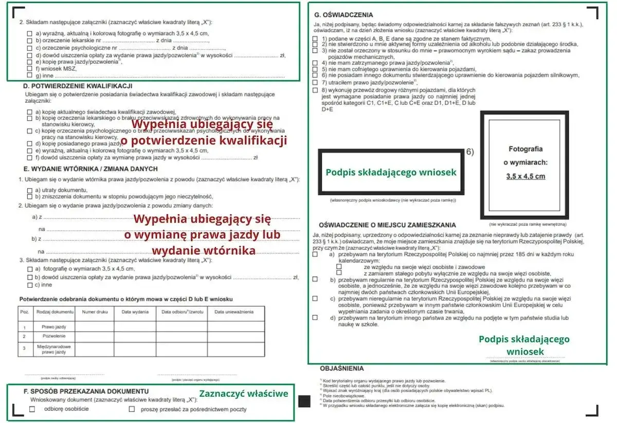 Formularz wniosku o wydanie prawa jazdy lub wtórnika, z miejscem na zdjęcie 3,5x4,5 cm i podpis. Wniosek zawiera pola do wypełnienia, oświadczenia i wyjaśnienia, w tym dotyczące numeru PKK.