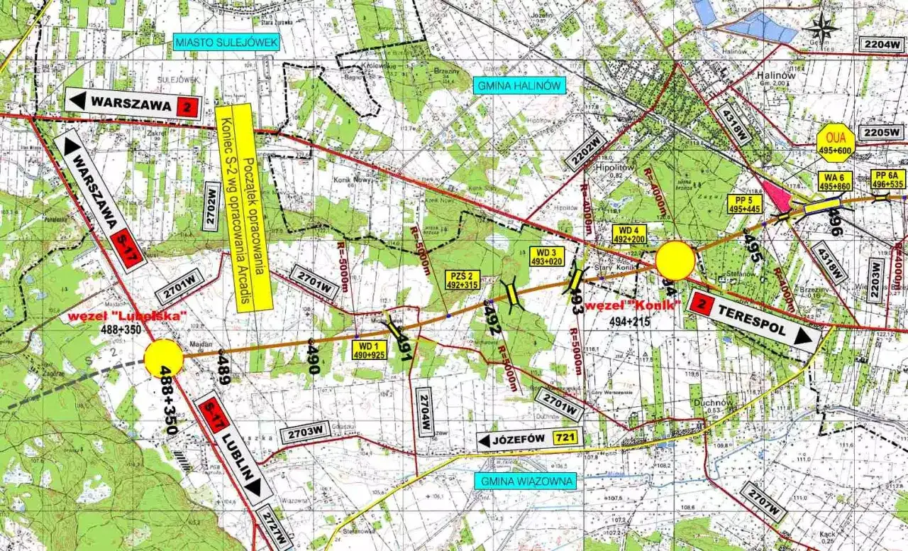 Mapa drogowa z zaznaczoną autostradą A2, drogami S-17, S-19 oraz węzłami