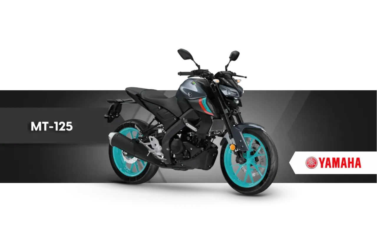 Szary motocykl Yamaha MT-125 z turkusowymi felgami, idealny na pierwsze prawo jazdy a1.