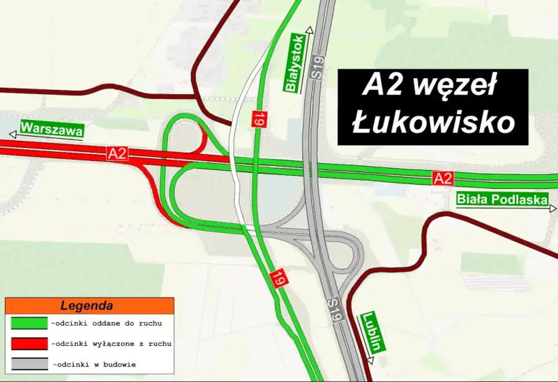 Mapa węzła A2 Łukowisko, pokazująca połączenia z S19, Białystokiem, Warszawą i Białą Podlaską. Odcinki A2 i S19 oddane do ruchu (zielone) i wyłączone (czerwone).