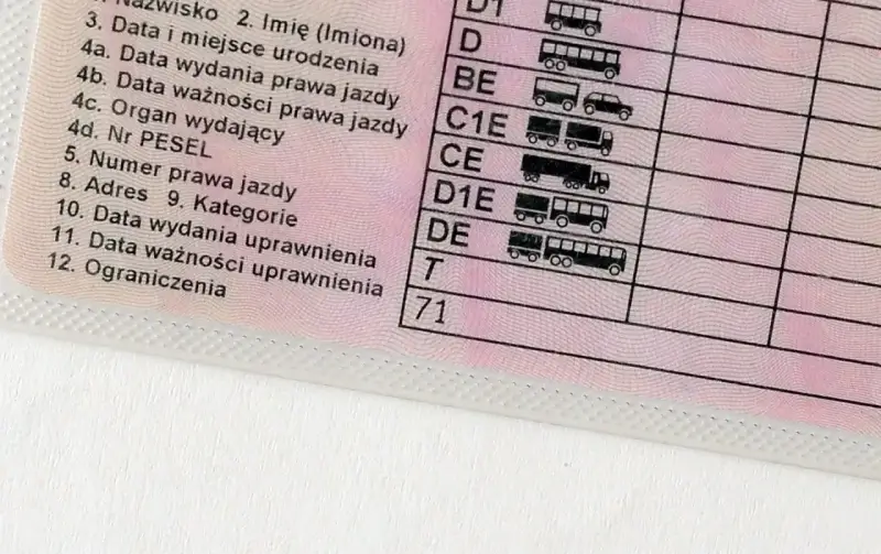 Fragment polskiego prawa jazdy z widocznymi kategoriami pojazdów i polem "Ograniczenia" z wpisaną cyfrą 71.