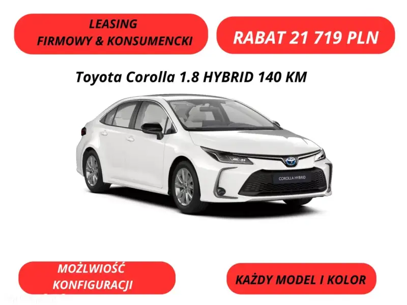 Biała Toyota Corolla 1.8 HYBRID 140 KM. Atrakcyjna toyota corolla cena z rabatem 21 719 PLN. Leasing, konfiguracja.